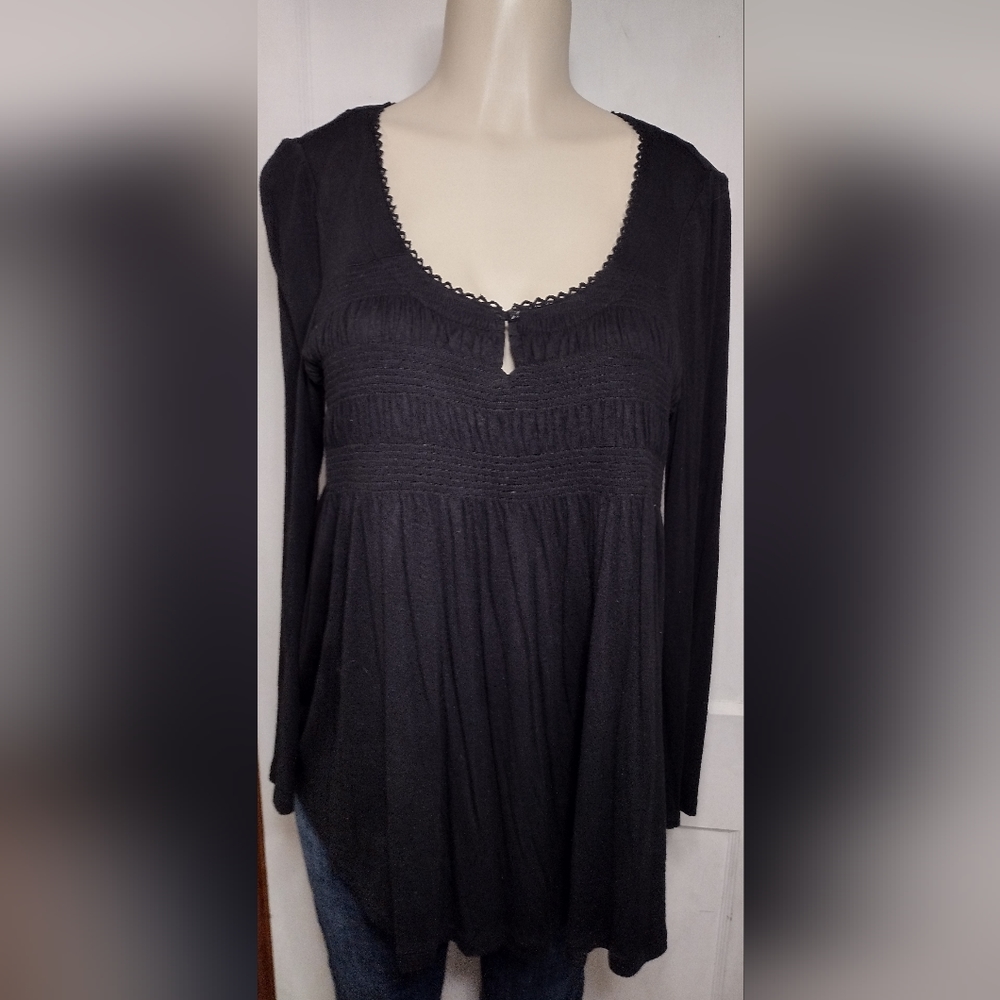 Supercute Large Black LS Smocked Babydoll Top Soft Flowy COMFY Cotton Stretch